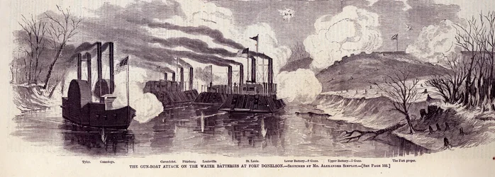 De aanval van kanonneerboten op de waterbatterijen bij Fort Donelson